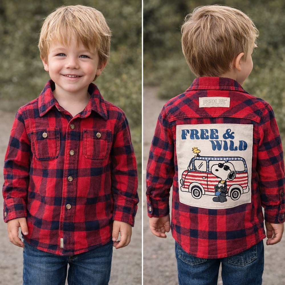 Upcycled Peanuts FREE & WILD Res & Blue Graphic Flannel Shirt Size 4T OOAK